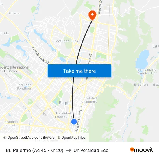 Br. Palermo (Ac 45 - Kr 20) to Universidad Ecci map