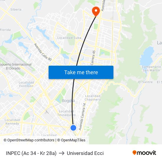 INPEC (Ac 34 - Kr 28a) to Universidad Ecci map