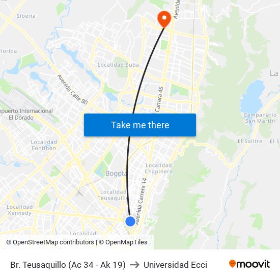 Br. Teusaquillo (Ac 34 - Ak 19) to Universidad Ecci map