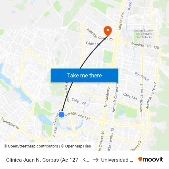 Clínica Juan N. Corpas (Ac 127 - Kr 71b) to Universidad Ecci map