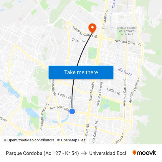 Parque Córdoba (Ac 127 - Kr 54) to Universidad Ecci map