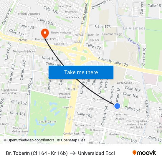 Br. Toberín (Cl 164 - Kr 16b) to Universidad Ecci map