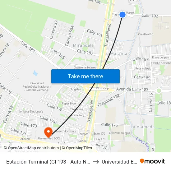 Estación Terminal (Cl 193 - Auto Norte) to Universidad Ecci map