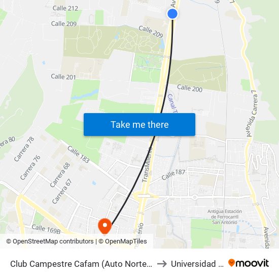 Club Campestre Cafam (Auto Norte - Cl 215) to Universidad Ecci map
