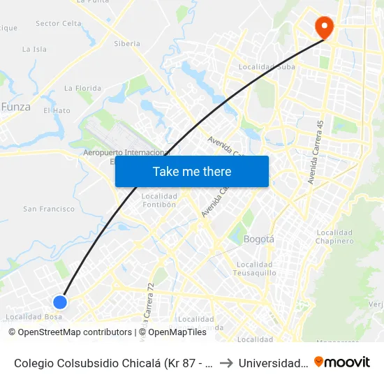Colegio Colsubsidio Chicalá (Kr 87 - Cl 53c Sur) to Universidad Ecci map