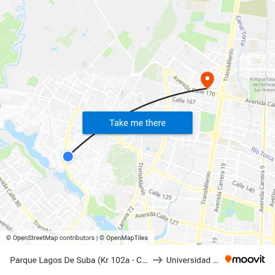 Parque Lagos De Suba (Kr 102a - Cl 129c) to Universidad Ecci map
