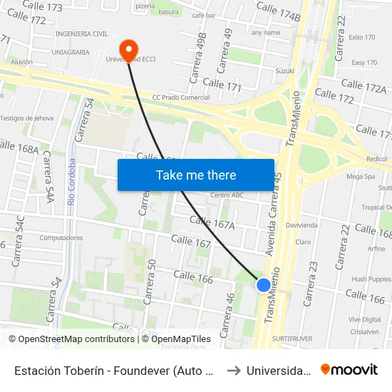 Estación Toberín - Foundever (Auto Norte - Cl 166) to Universidad Ecci map