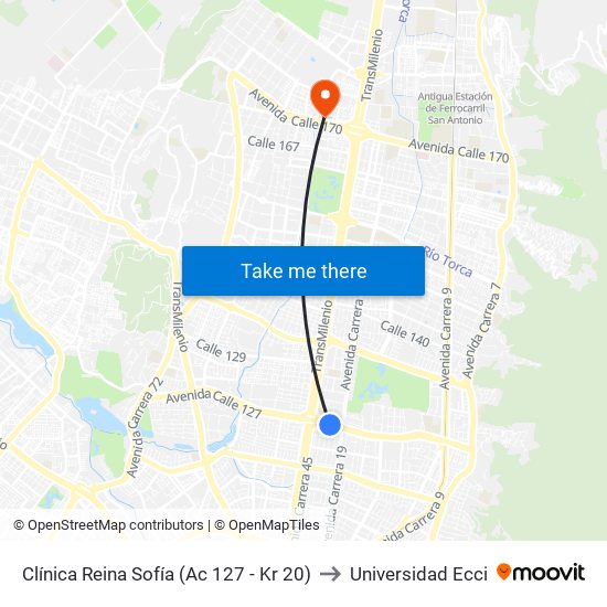 Clínica Reina Sofía (Ac 127 - Kr 20) to Universidad Ecci map