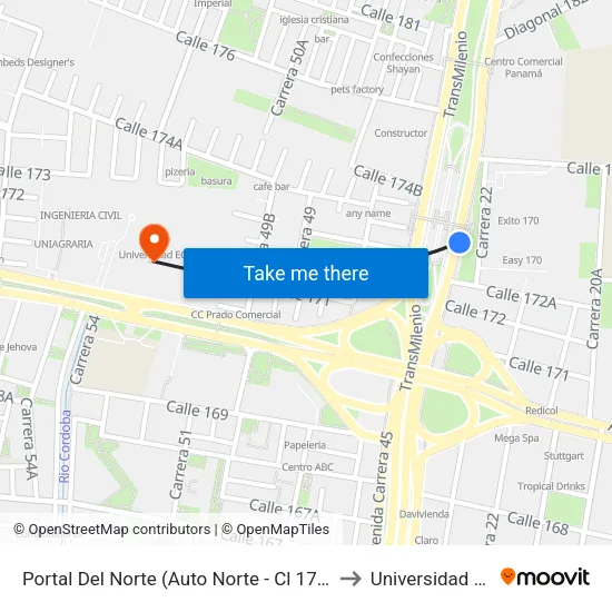 Portal Del Norte (Auto Norte - Cl 172a) (B) to Universidad Ecci map