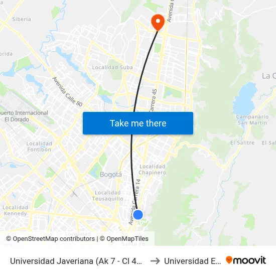 Universidad Javeriana (Ak 7 - Cl 40) (A) to Universidad Ecci map