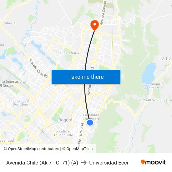 Avenida Chile (Ak 7 - Cl 71) (A) to Universidad Ecci map