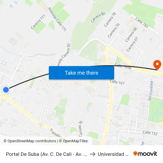 Portal De Suba (Av. C. De Cali - Av. Suba) to Universidad Ecci map