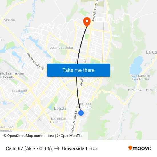 Calle 67 (Ak 7 - Cl 66) to Universidad Ecci map