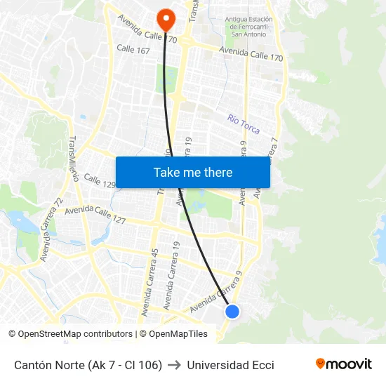 Cantón Norte (Ak 7 - Cl 106) to Universidad Ecci map