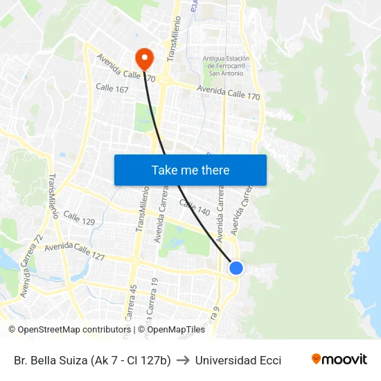 Br. Bella Suiza (Ak 7 - Cl 127b) to Universidad Ecci map