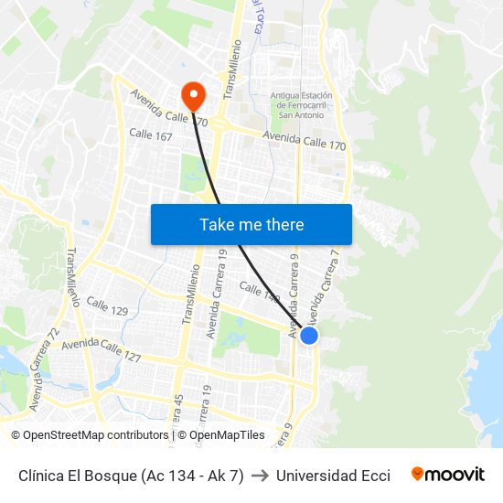 Clínica El Bosque (Ac 134 - Ak 7) to Universidad Ecci map