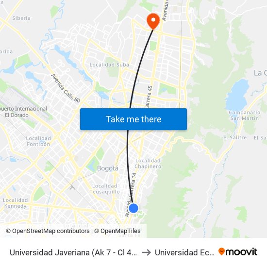 Universidad Javeriana (Ak 7 - Cl 40) to Universidad Ecci map