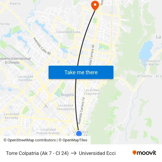 Torre Colpatria (Ak 7 - Cl 24) to Universidad Ecci map