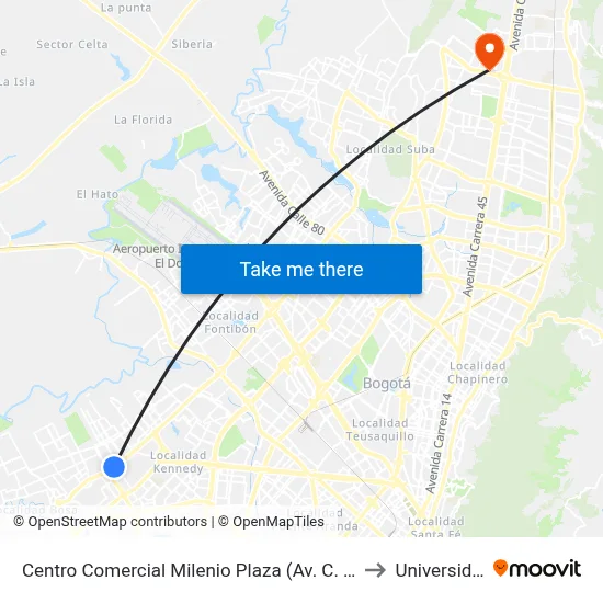 Centro Comercial Milenio Plaza (Av. C. De Cali - Cl 42f Sur) (A) to Universidad Ecci map