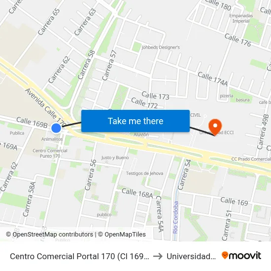 Centro Comercial Portal 170 (Cl 169b - Kr 58) to Universidad Ecci map