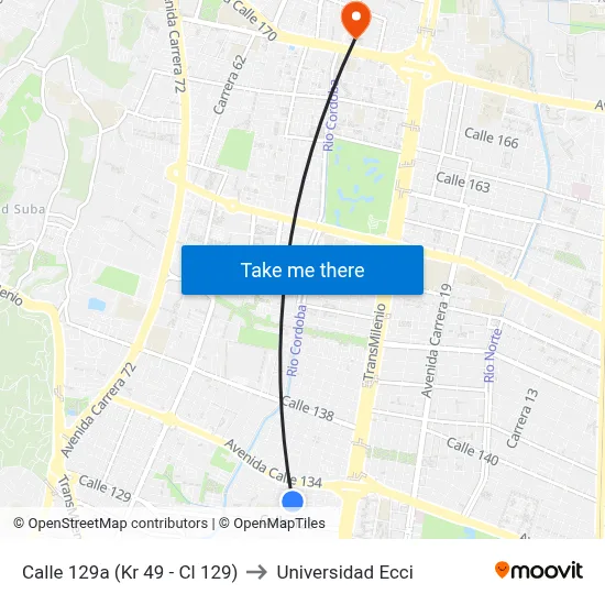Calle 129a (Kr 49 - Cl 129) to Universidad Ecci map