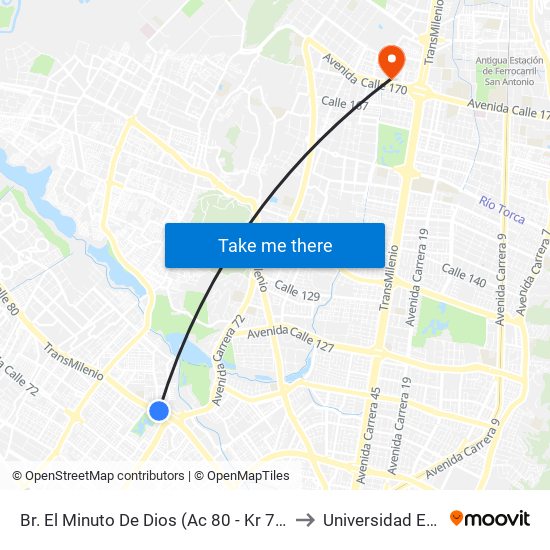 Br. El Minuto De Dios (Ac 80 - Kr 73b) to Universidad Ecci map