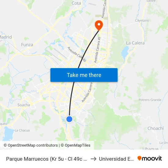 Parque Marruecos (Kr 5u - Cl 49c Sur) to Universidad Ecci map