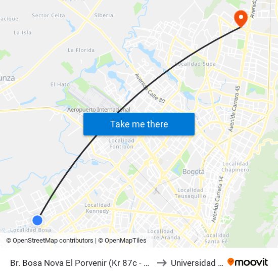 Br. Bosa Nova El Porvenir (Kr 87c - Cl 60 Sur) to Universidad Ecci map