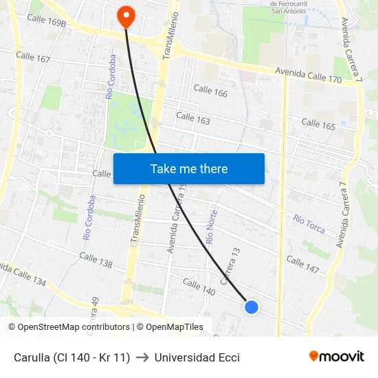 Carulla (Cl 140 - Kr 11) to Universidad Ecci map