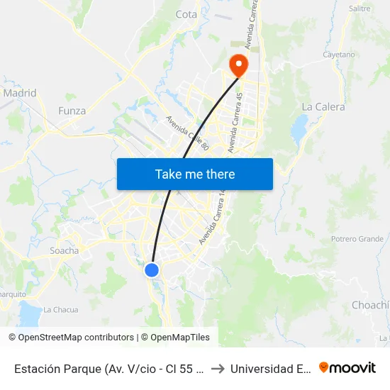Estación Parque (Av. V/cio - Cl 55 Sur) to Universidad Ecci map