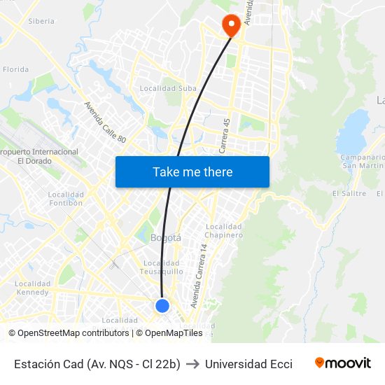Estación Cad (Av. NQS - Cl 22b) to Universidad Ecci map