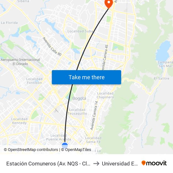 Estación Comuneros (Av. NQS - Cl 4a) to Universidad Ecci map