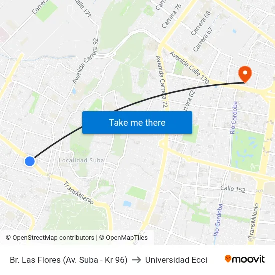 Br. Las Flores (Av. Suba - Kr 96) to Universidad Ecci map