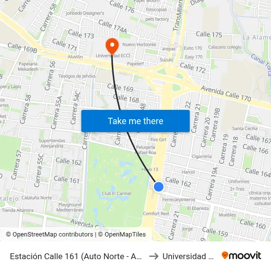 Estación Calle 161 (Auto Norte - Ac 161) to Universidad Ecci map