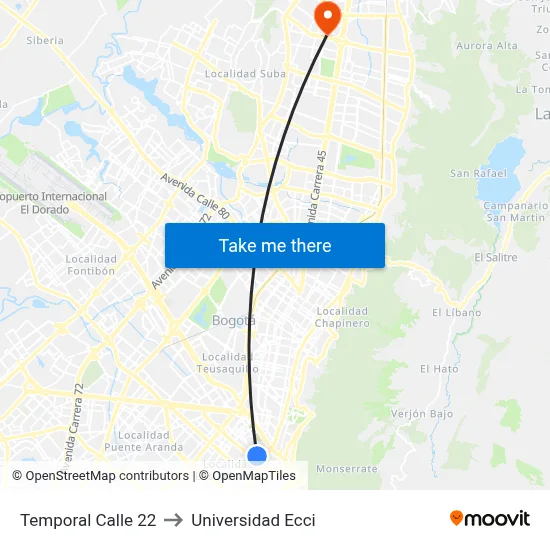 Temporal Calle 22 to Universidad Ecci map