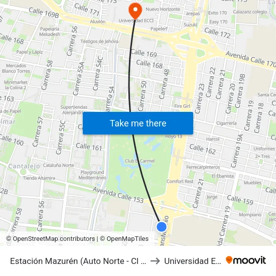 Estación Mazurén (Auto Norte - Cl 152) to Universidad Ecci map