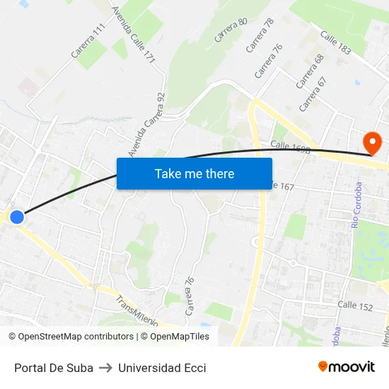 Portal De Suba to Universidad Ecci map