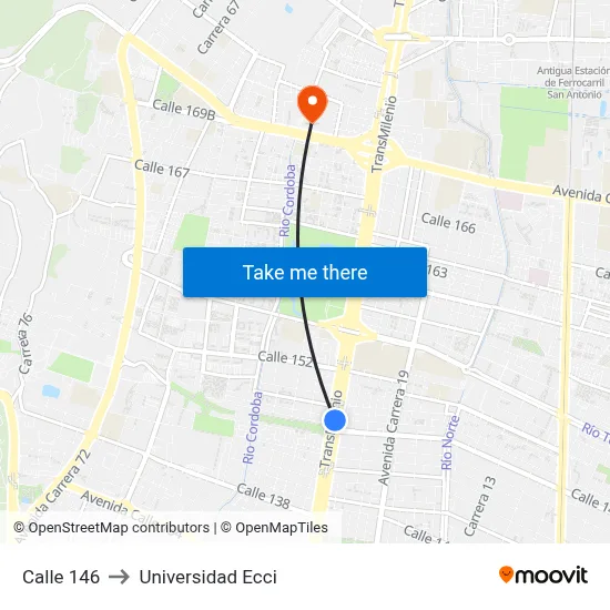 Calle 146 to Universidad Ecci map