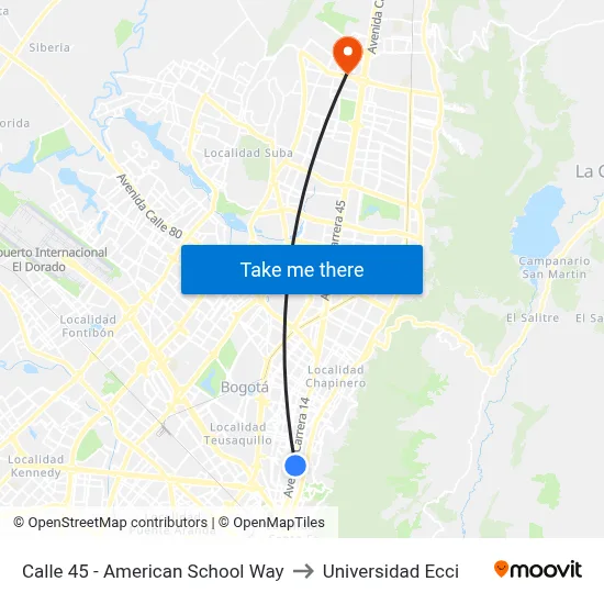 Calle 45 - American School Way to Universidad Ecci map
