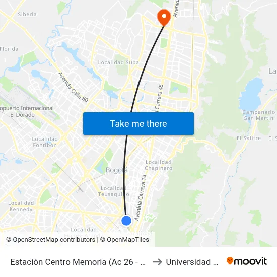 Estación Centro Memoria (Ac 26 - Kr 23) to Universidad Ecci map