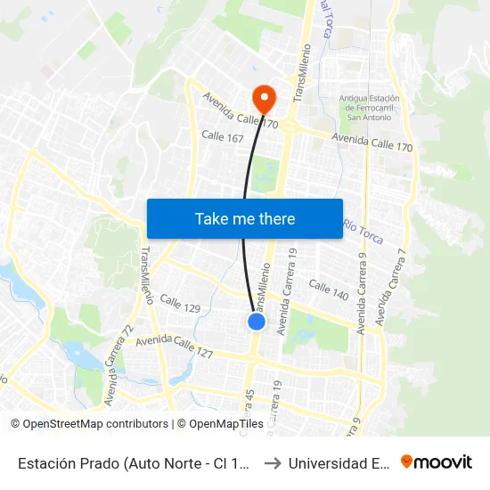 Estación Prado (Auto Norte - Cl 128a) to Universidad Ecci map