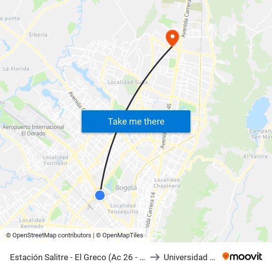 Estación Salitre - El Greco (Ac 26 - Kr 66) to Universidad Ecci map