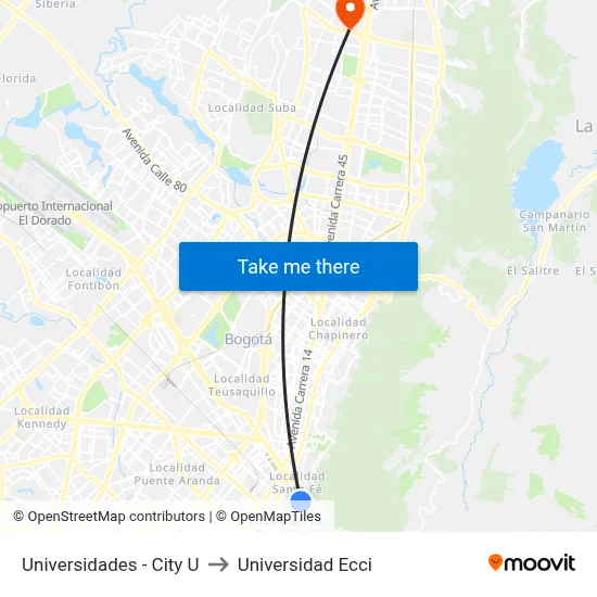 Universidades - City U to Universidad Ecci map