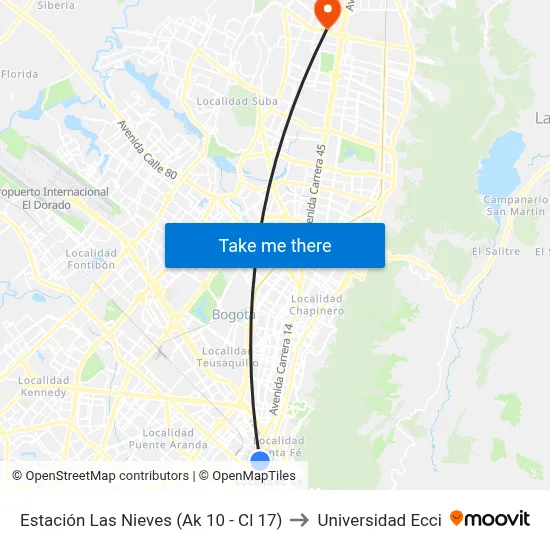 Estación Las Nieves (Ak 10 - Cl 17) to Universidad Ecci map