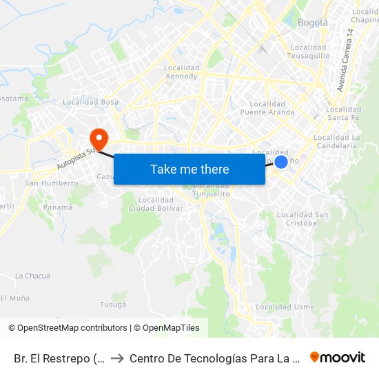 Br. El Restrepo (Dg 12 Sur - Kr 18) to Centro De Tecnologías Para La Construcción Y La Madera (Sena) map