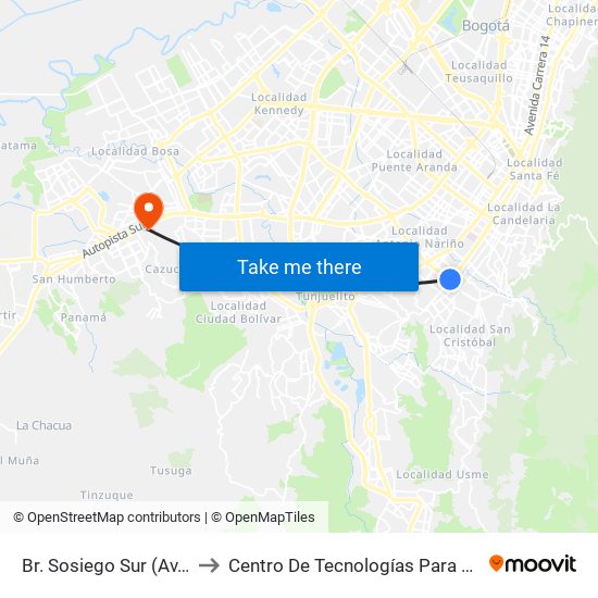 Br. Sosiego Sur (Av. 1 De Mayo - Kr 10a) (A) to Centro De Tecnologías Para La Construcción Y La Madera (Sena) map