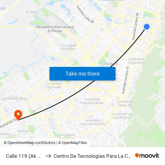 Calle 119 (Ak 15 - Cl 118a) (A) to Centro De Tecnologías Para La Construcción Y La Madera (Sena) map