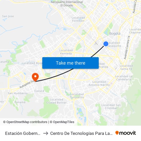 Estación Gobernación (Ac 26 - Kr 54) to Centro De Tecnologías Para La Construcción Y La Madera (Sena) map