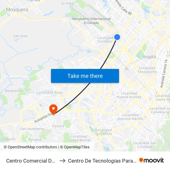 Centro Comercial Dorado Plaza (Ac 26 - Kr 85d) to Centro De Tecnologías Para La Construcción Y La Madera (Sena) map