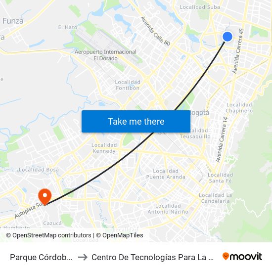 Parque Córdoba (Ac 127 - Kr 54) to Centro De Tecnologías Para La Construcción Y La Madera (Sena) map